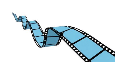 A winding strip of blue film curves and undulates against a stark black backdrop, simple and clean.