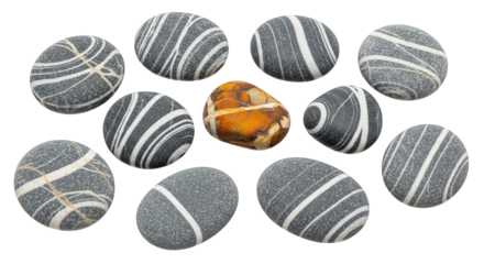 Arrangement of striped gray stones surrounding one distinct orange rock on a black backdrop