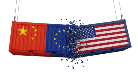 Containers with flags break apart, depicting the tension in trade between global economies