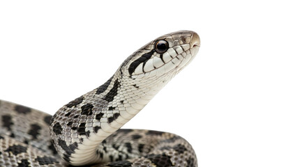 Naklejka premium Detailed close-up captures the patterned scales and intense gaze of a non-venomous snake on black.