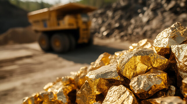 Lode of gold ore mined with an industrial truck in background on sunny day. Gold mining operation. Raw material extraction, economic fortune and financial investment.