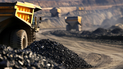 A yellow ore transport truck transports minerals at a mine site. Other trucks can be seen in the background. A large pile of ore sits to the front right of the truck.