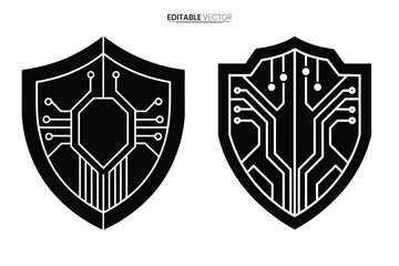Detailed depiction of two black shields with intricate white circuit board patterns technology and safety