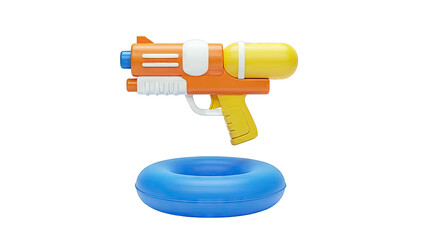 Orange and yellow water gun floating above blue inflatable ring