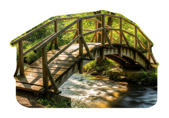 Serene wooden bridge crossing stream forest nature isolated on transparent background