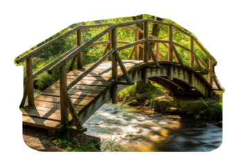 Serene wooden bridge crossing stream forest nature isolated on transparent background