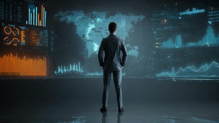 Businessman Analyzing Global Data and Financial Analytics on Digital Screens - Powered by Adobe