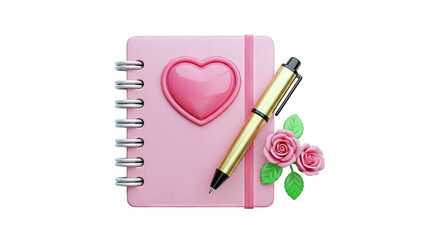Pink Notebook with Heart, Gold Pen, and Roses