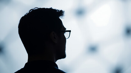 A silhouette of a man with glasses, captured in a contemplative pose against a muted background. The subject gazes upward, suggesting introspection or a forward-looking perspective.