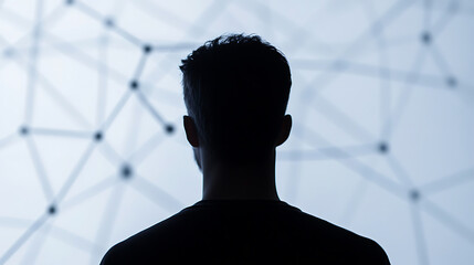 Silhouette of a person gazing at an abstract network, symbolizing connection and technology. The image evokes thought and futuristic vision. The nodes hint at complex systems.