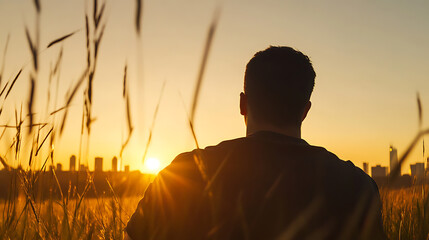 Silhouette of a person gazing at a city skyline during a vibrant sunset. A moment of reflection, framed by golden light and natural grasses. Serenity and contemplation.