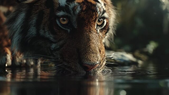 Majestic Bengal Tiger Drinking Water in Forest Stream Cinematic Close Up