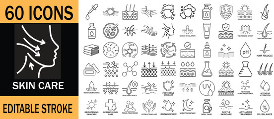 60 Editable Stroke Icons &ndash; Modern Skincare & Cosmetic Treatments