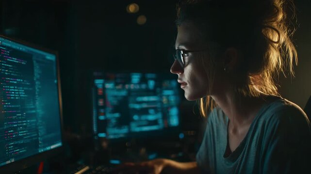 Focused female programmer coding on computer at night with glowing screens