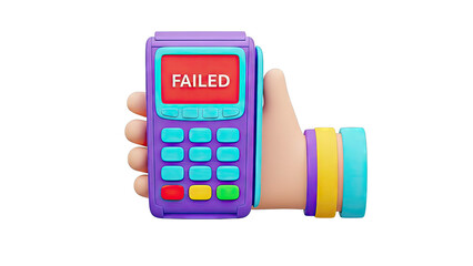 3D Render of a Hand Holding a Payment Terminal with a 'FAILED' Message