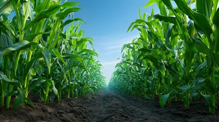Vast Green Cornfield Rows Under a Clear Blue Sky.