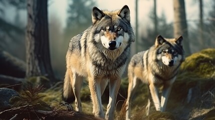 Fototapeta premium Two Wolves, One Adult and One Pup, Roaming a Sunlit Misty Forest