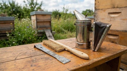 Beekeeper&rsquo;s tools on wooden bench in outdoor garden setting  