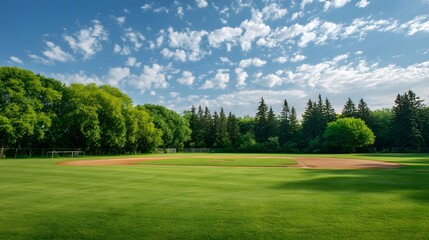 Fototapeta premium Vast Green Golf Course Under a Cloudy Blue Sky with Lush Trees.