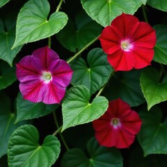 Crimson morning glories twine around lush green vine , green, closeup, red