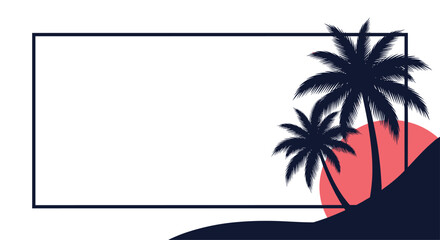 Obraz premium Tropical frame design featuring silhouettes of palm trees against a large red sun and dark waves on a white background.