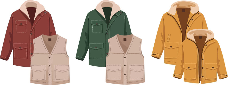 Illustration of colorful winter jackets and vests presented in a flat style