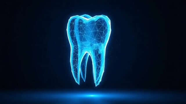Glowing blue tooth with polygonal mesh on dark background for dental or medical concepts