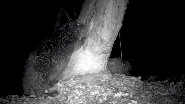 Biber, Castor fiber, nagt nachts im Winter an einem Holzstamm, Nahaufnahme, Nachtaufnahme