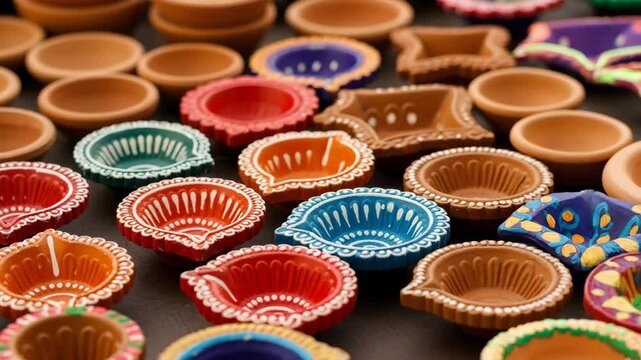 Variety of colorful and unpainted clay diya lamps ready for Diwali festival celebration. Traditional Indian pottery for light.