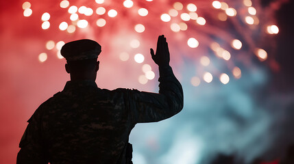 Silhouette of a uniformed person waving against a backdrop of celebratory fireworks, evoking patriotism and a sense of national pride on a festive occasion.