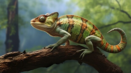 Obraz premium Vibrant Green and Brown Chameleon Perched Carefully on a Forest Branch
