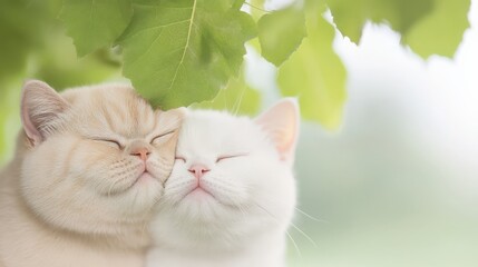 Adorable baby cats sharing a loving kiss under a tree. Sweet British Shorthair kittens kissing