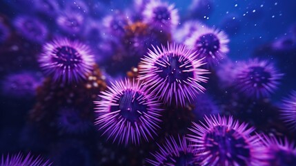 Fototapeta premium Vibrant purple starburst sea urchins clustered in a dim blue underwater world
