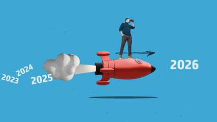 Flat design. Businessman with binoculars on loading progress from 2025 to 2026 - preparation merry Christmas and happy new year concept.