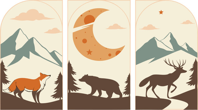 Set of abstract vertical background with autumn forest, animals, leaves in one line style and A modern minimalist vector illustration poster set featuring wild animals with double exposure landscape d