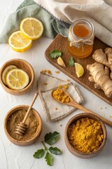 Cozy Kitchen Still Life &ndash; Natural Ingredients for Golden Milk, Overhead Shot on Light Background