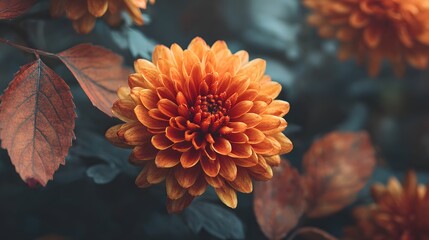 Vibrant Orange Dahlia Flower in Autumn Garden Close-up.