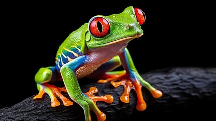 Obraz premium Vivid Red-Eyed Tree Frog Clinging To A Dark Rock In Bright Green And Orange Colors On Black Background