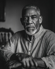 Black elder seated calmly with folded hands during Black History Month