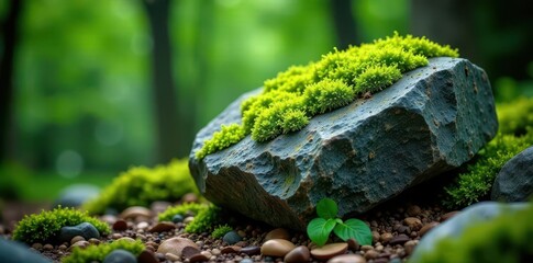Granite boulder draped in emerald moss and grey lichen , ecology, growth