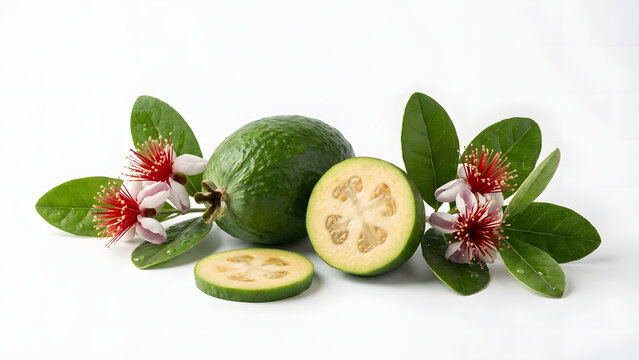 Fresh feijoa fruit, slices, and beautiful flowers displayed on a pristine white background