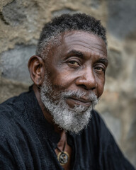 Black elder seated peacefully outdoors for Black History Month