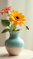 Fototapeta premium Honeybee hovering near colorful flower in elegant vase, home decor photography, nature, pink
