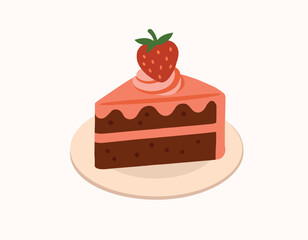 Vector illustration of a slice of cake. Delicious treat. Cake on a plate. Strawberry dessert.