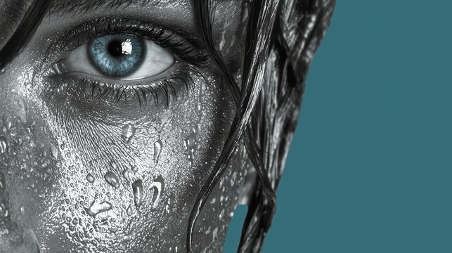 Artistic silver painted woman face with intense blue eye close up for luxury beauty and fashion makeup.

