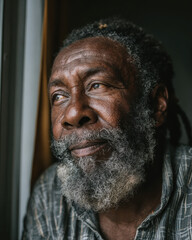 Black History Month indoor portrait of elder seated by window light