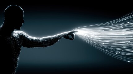 Futuristic digital silhouette projecting glowing light particles from finger for cyber technology and network concept.