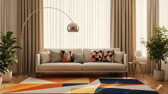 Modern living room with beige couch and colorful pillows and rug