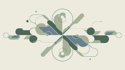 Abstract geometric shapes in shades of green and blue forming a symmetrical pattern.