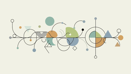 Abstract geometric shapes connected by lines and curves.